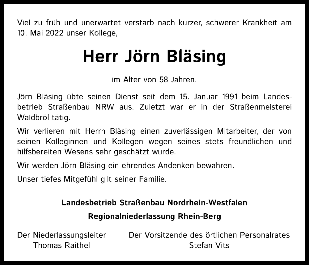  Traueranzeige für Jörn Bläsing vom 21.05.2022 aus Kölner Stadt-Anzeiger / Kölnische Rundschau / Express