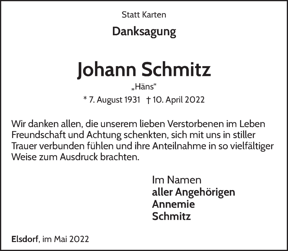  Traueranzeige für Johann Schmitz vom 13.05.2022 aus  Werbepost 