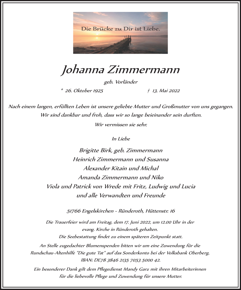  Traueranzeige für Johanna Zimmermann vom 28.05.2022 aus Kölner Stadt-Anzeiger / Kölnische Rundschau / Express
