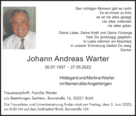 Anzeige von Johann Andreas Warter von Kölner Stadt-Anzeiger / Kölnische Rundschau / Express