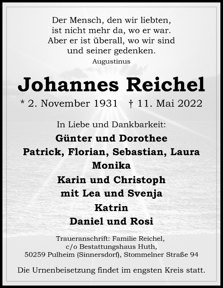  Traueranzeige für Johannes Reichel vom 21.05.2022 aus Kölner Stadt-Anzeiger / Kölnische Rundschau / Express