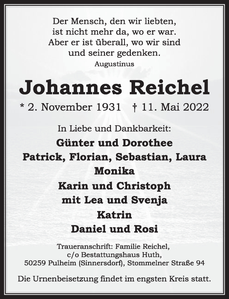  Traueranzeige für Johannes Reichel vom 20.05.2022 aus  Wochenende 