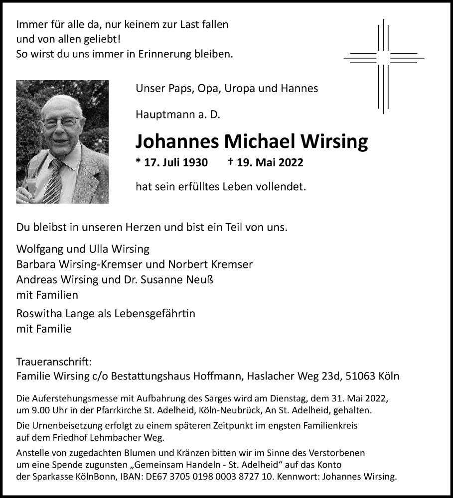 Traueranzeige für Johannes Michael Wirsing vom 28.05.2022 aus Kölner Stadt-Anzeiger / Kölnische Rundschau / Express