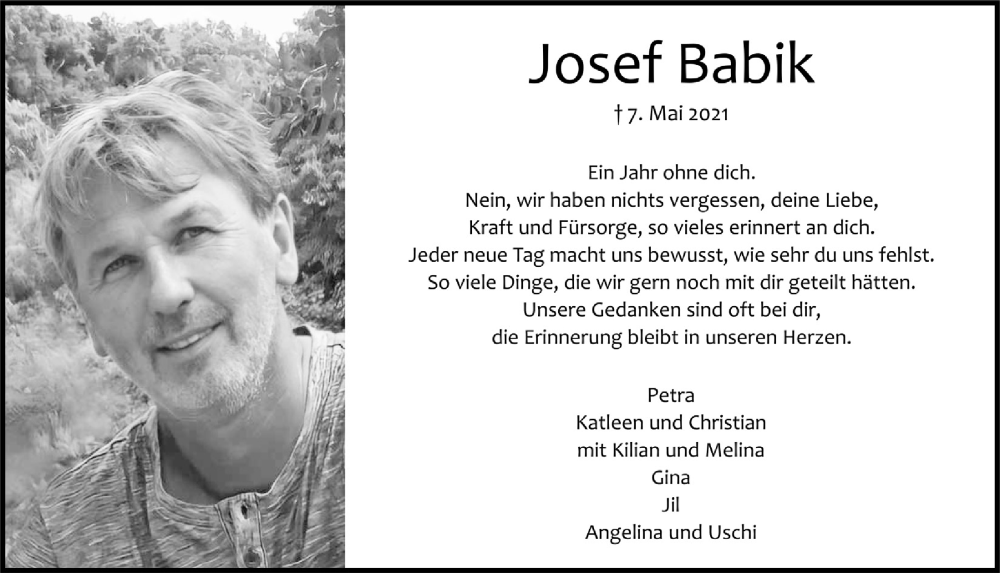  Traueranzeige für Josef Babik vom 06.05.2022 aus  Bergisches Handelsblatt 