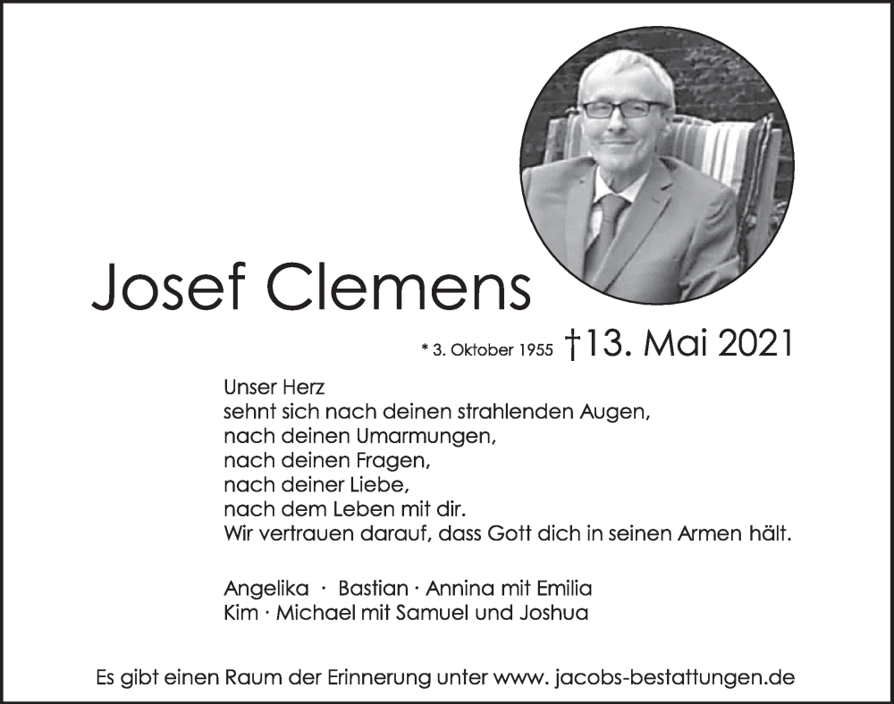  Traueranzeige für Josef Clemens vom 13.05.2022 aus  Werbepost 