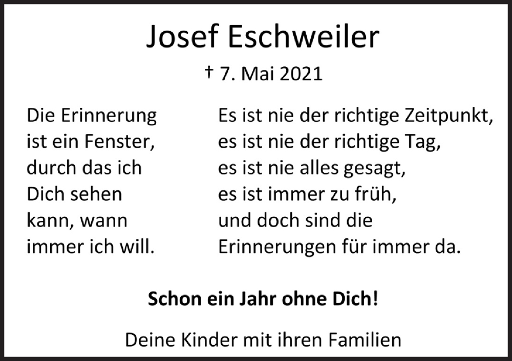  Traueranzeige für Josef Eschweiler vom 07.05.2022 aus  Blickpunkt Euskirchen 