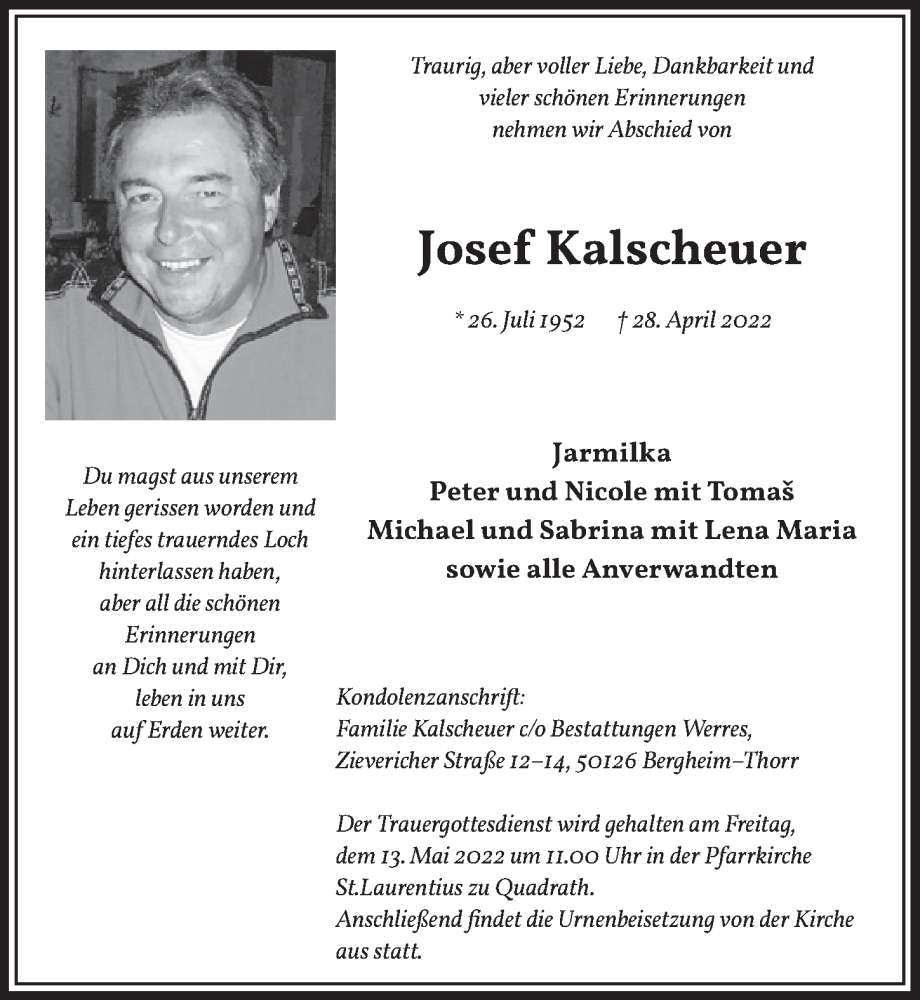  Traueranzeige für Josef Kalscheuer vom 06.05.2022 aus  Werbepost 