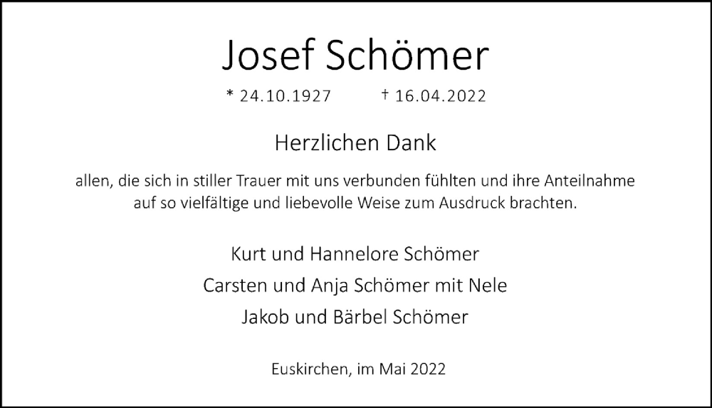  Traueranzeige für Josef Schömer vom 21.05.2022 aus  Blickpunkt Euskirchen 