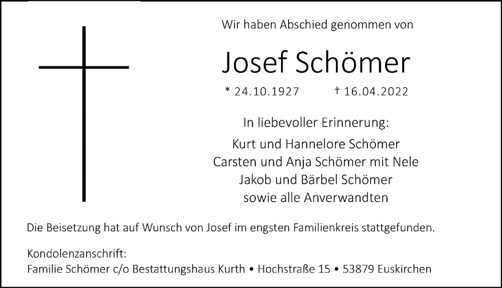  Traueranzeige für Josef Schömer vom 07.05.2022 aus  Blickpunkt Euskirchen 
