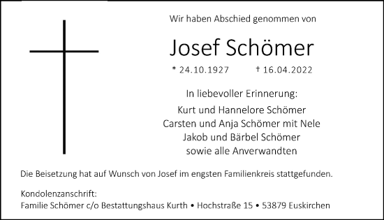 Anzeige von Josef Schömer von  Blickpunkt Euskirchen 