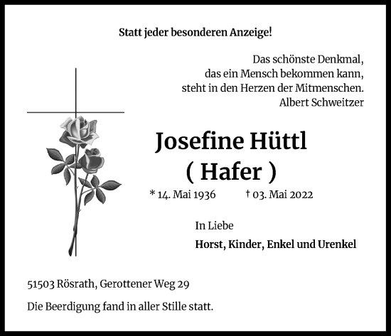 Anzeige von Josefine Hüttl von Kölner Stadt-Anzeiger / Kölnische Rundschau / Express