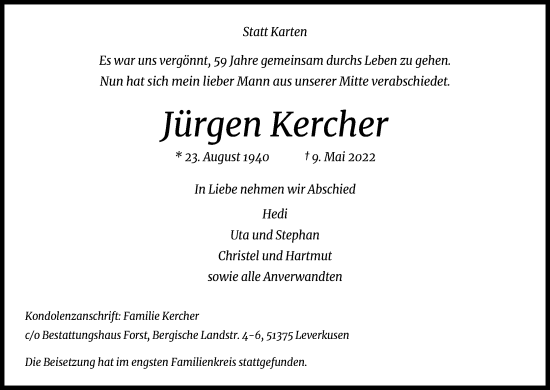 Anzeige von Jürgen Kercher von Kölner Stadt-Anzeiger / Kölnische Rundschau / Express