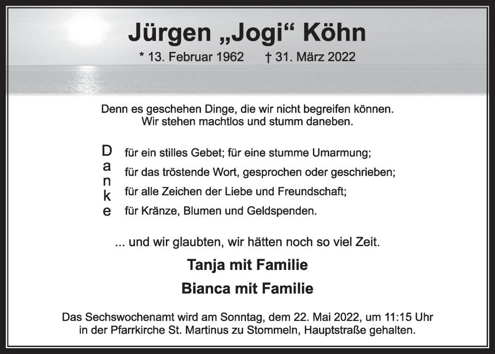  Traueranzeige für Jürgen Köhn vom 13.05.2022 aus  Wochenende 