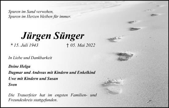 Anzeige von Jürgen Sünger von Kölner Stadt-Anzeiger / Kölnische Rundschau / Express