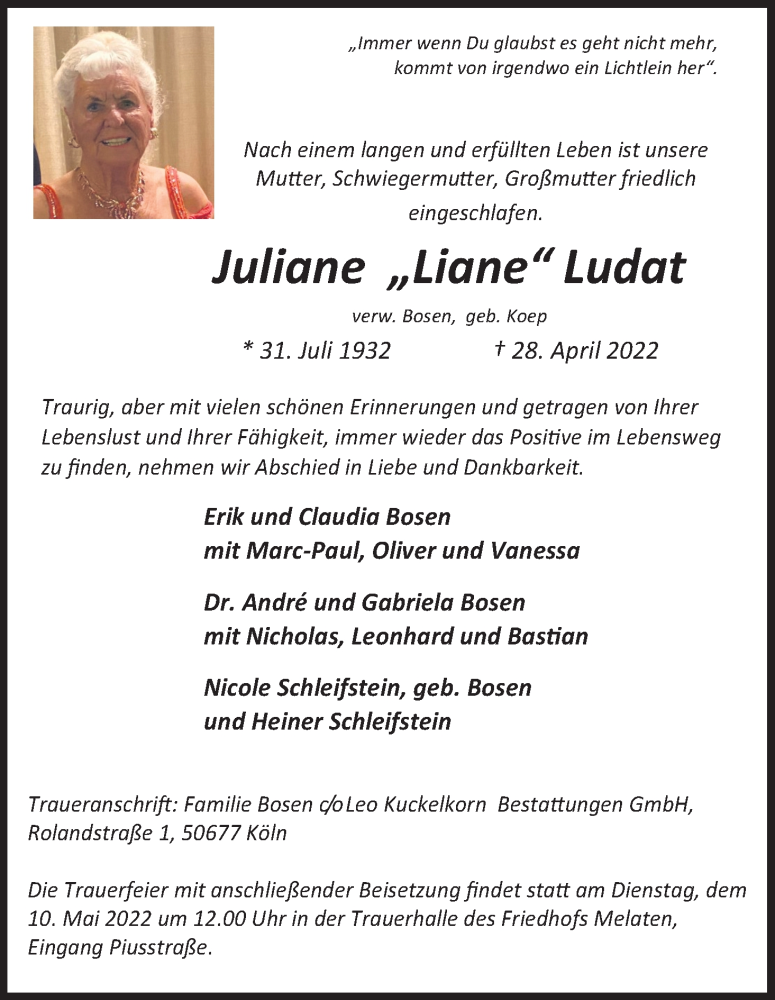  Traueranzeige für Juliane Ludat vom 07.05.2022 aus Kölner Stadt-Anzeiger / Kölnische Rundschau / Express