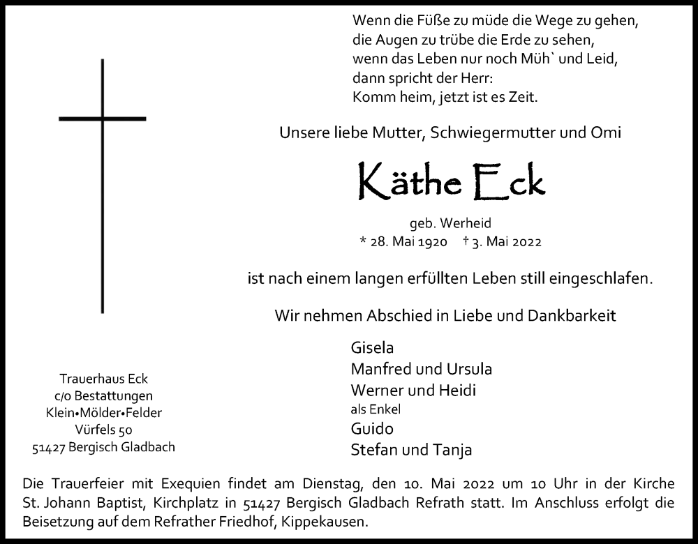  Traueranzeige für Käthe Eck vom 07.05.2022 aus Kölner Stadt-Anzeiger / Kölnische Rundschau / Express