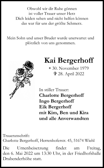 Anzeige von Kai Bergerhoff von Kölner Stadt-Anzeiger / Kölnische Rundschau / Express