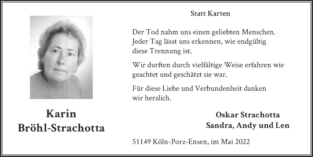  Traueranzeige für Karin Bröhl-Strachotta vom 06.05.2022 aus  EXPRESS - Die Woche 