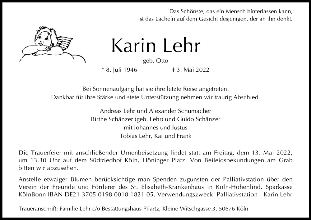  Traueranzeige für Karin Lehr vom 07.05.2022 aus Kölner Stadt-Anzeiger / Kölnische Rundschau / Express