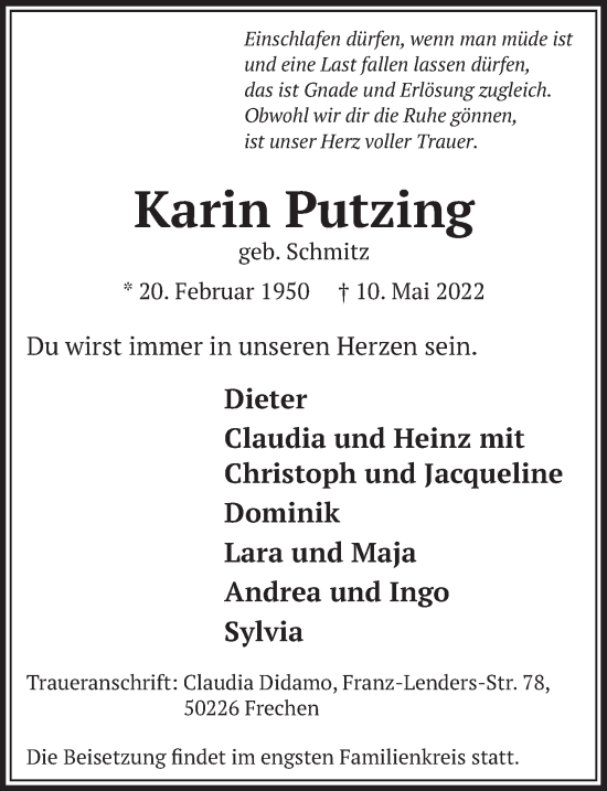 Anzeige von Karin Putzing von  Wochenende 