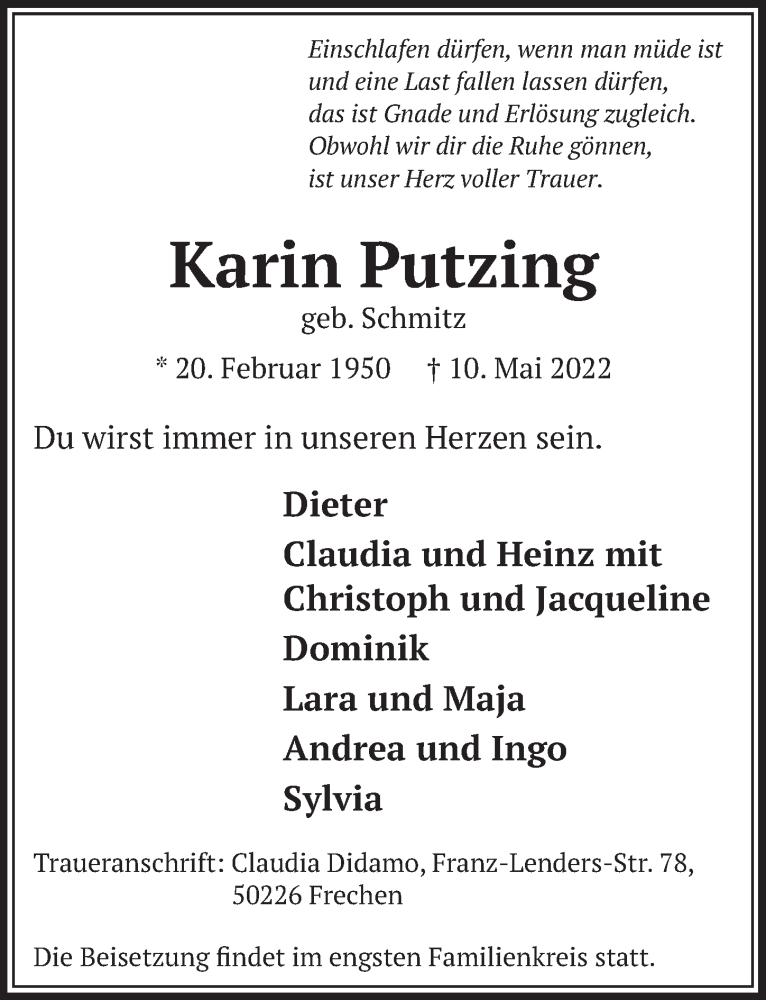  Traueranzeige für Karin Putzing vom 13.05.2022 aus  Wochenende 