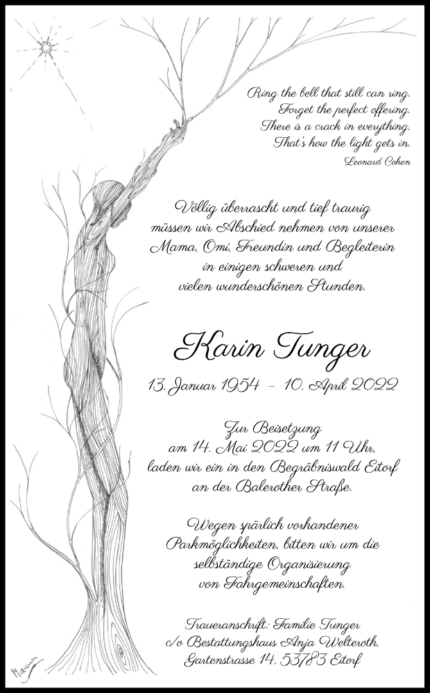  Traueranzeige für Karin Tunger vom 07.05.2022 aus Kölner Stadt-Anzeiger / Kölnische Rundschau / Express