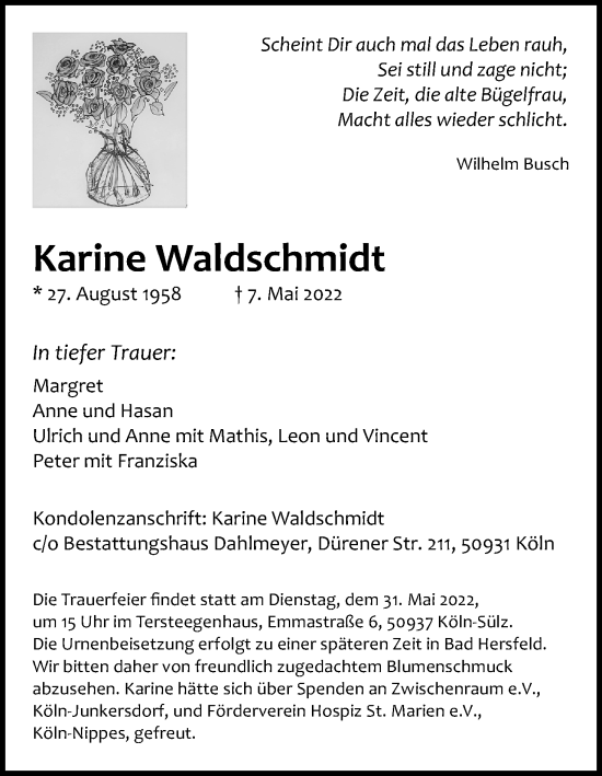 Anzeige von Karine Waldschmidt von Kölner Stadt-Anzeiger / Kölnische Rundschau / Express