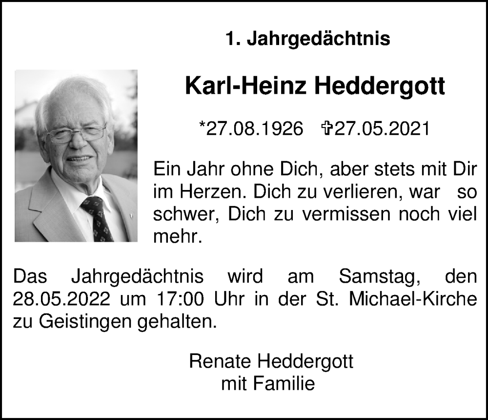  Traueranzeige für Karl-Heinz Heddergott vom 21.05.2022 aus Kölner Stadt-Anzeiger / Kölnische Rundschau / Express