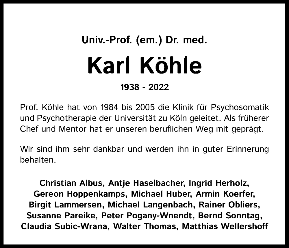  Traueranzeige für Karl Köhle vom 07.05.2022 aus Kölner Stadt-Anzeiger / Kölnische Rundschau / Express
