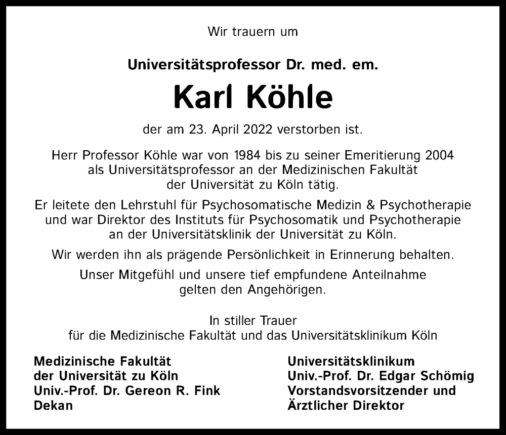 Traueranzeige für Karl Köhle vom 14.05.2022 aus Kölner Stadt-Anzeiger / Kölnische Rundschau / Express