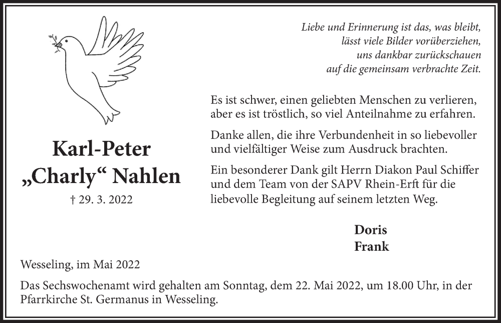  Traueranzeige für Karl-Peter Nahlen vom 13.05.2022 aus  Schlossbote/Werbekurier 