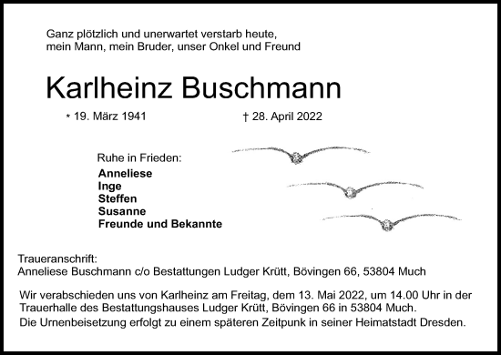 Anzeige von Karlheinz Buschmann von Kölner Stadt-Anzeiger / Kölnische Rundschau / Express