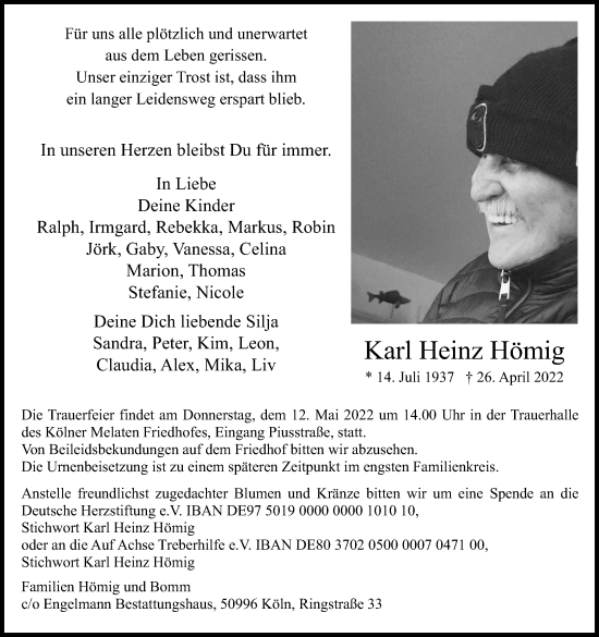 Anzeige von Karl Heinz Hömig von Kölner Stadt-Anzeiger / Kölnische Rundschau / Express