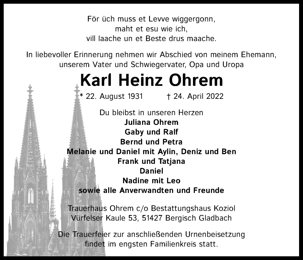  Traueranzeige für Karl Heinz Ohrem vom 07.05.2022 aus Kölner Stadt-Anzeiger / Kölnische Rundschau / Express
