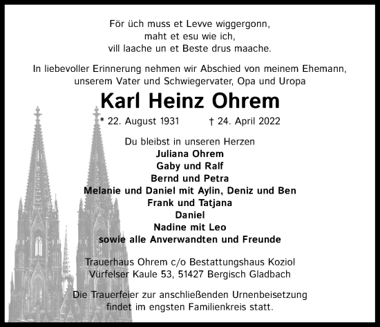 Anzeige von Karl Heinz Ohrem von Kölner Stadt-Anzeiger / Kölnische Rundschau / Express