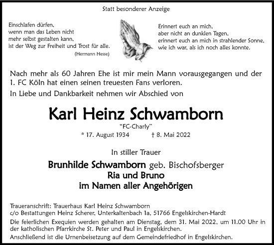 Anzeige von Karl Heinz Schwamborn von  Anzeigen Echo 