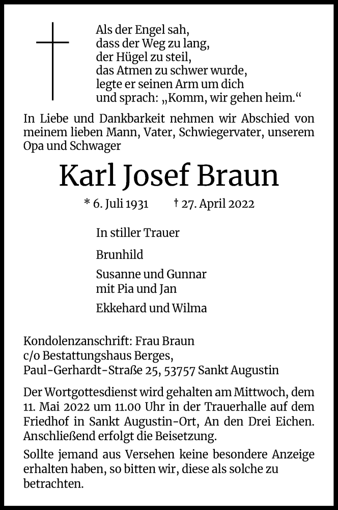  Traueranzeige für Karl Josef Braun vom 07.05.2022 aus Kölner Stadt-Anzeiger / Kölnische Rundschau / Express