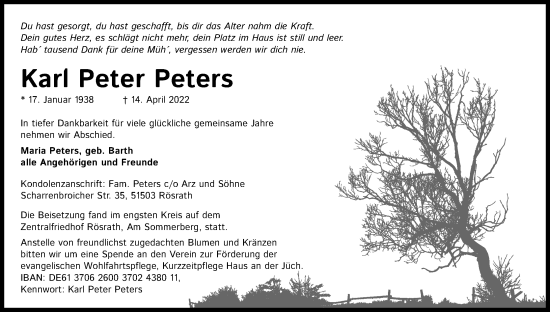 Anzeige von Karl Peter Peters von Kölner Stadt-Anzeiger / Kölnische Rundschau / Express