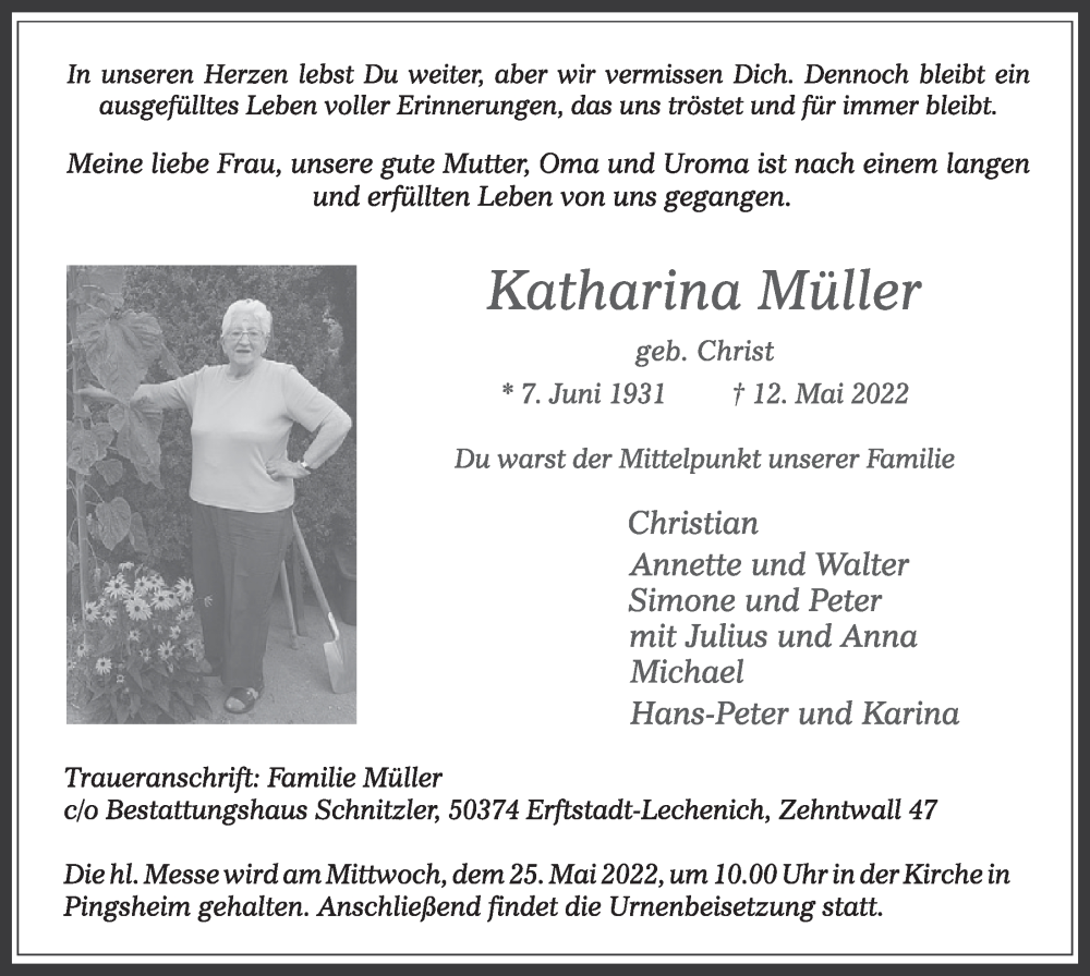  Traueranzeige für Katharina Müller vom 20.05.2022 aus  Werbepost 