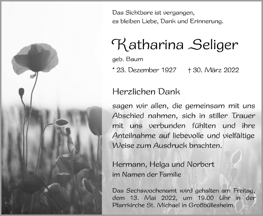  Traueranzeige für Katharina Seliger vom 07.05.2022 aus  Blickpunkt Euskirchen 