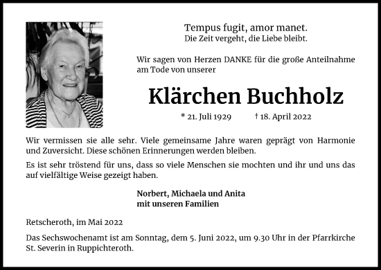 Anzeige von Klärchen Buchholz von Kölner Stadt-Anzeiger / Kölnische Rundschau / Express