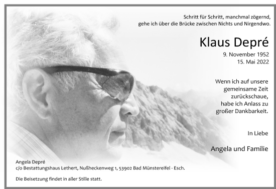 Anzeige von Klaus Depré von Kölner Stadt-Anzeiger / Kölnische Rundschau / Express
