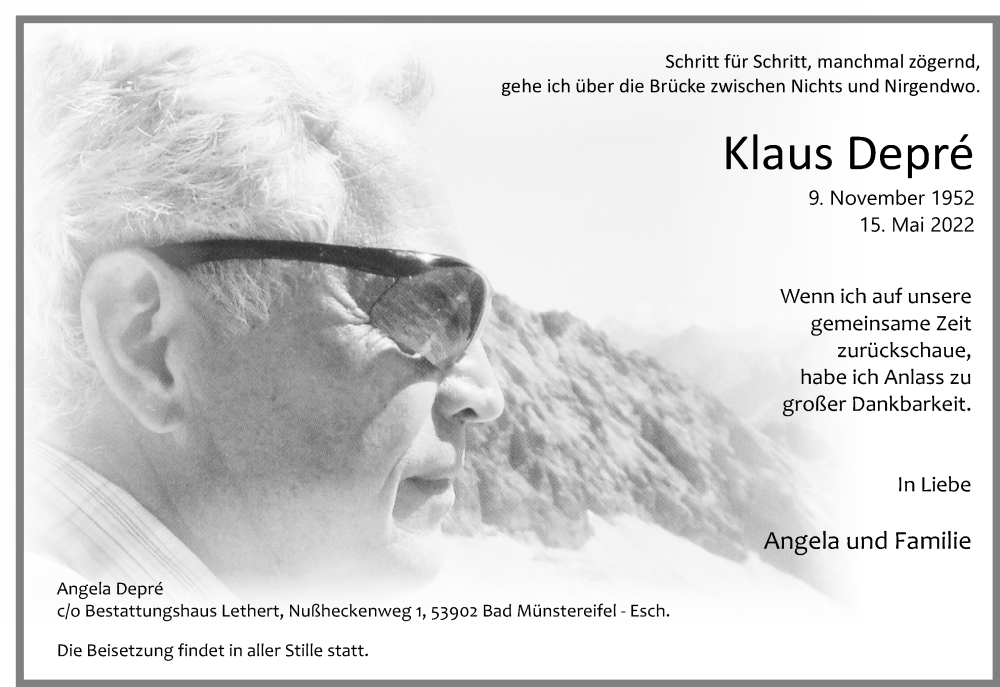  Traueranzeige für Klaus Depré vom 28.05.2022 aus Kölner Stadt-Anzeiger / Kölnische Rundschau / Express