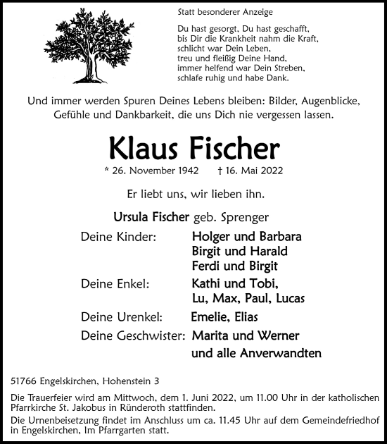 Anzeige von Klaus Fischer von  Anzeigen Echo 