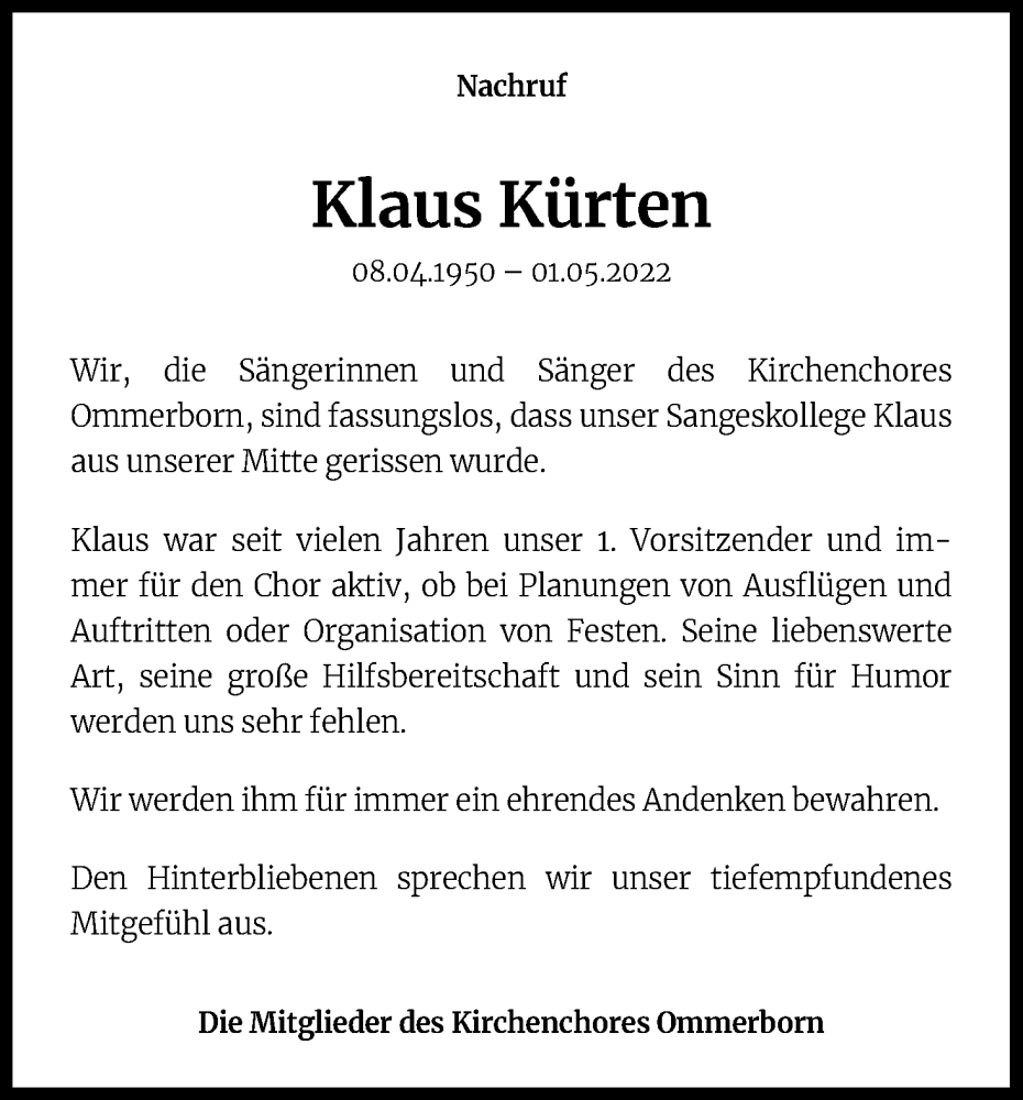 Traueranzeige für Klaus Kürten vom 21.05.2022 aus Kölner Stadt-Anzeiger / Kölnische Rundschau / Express