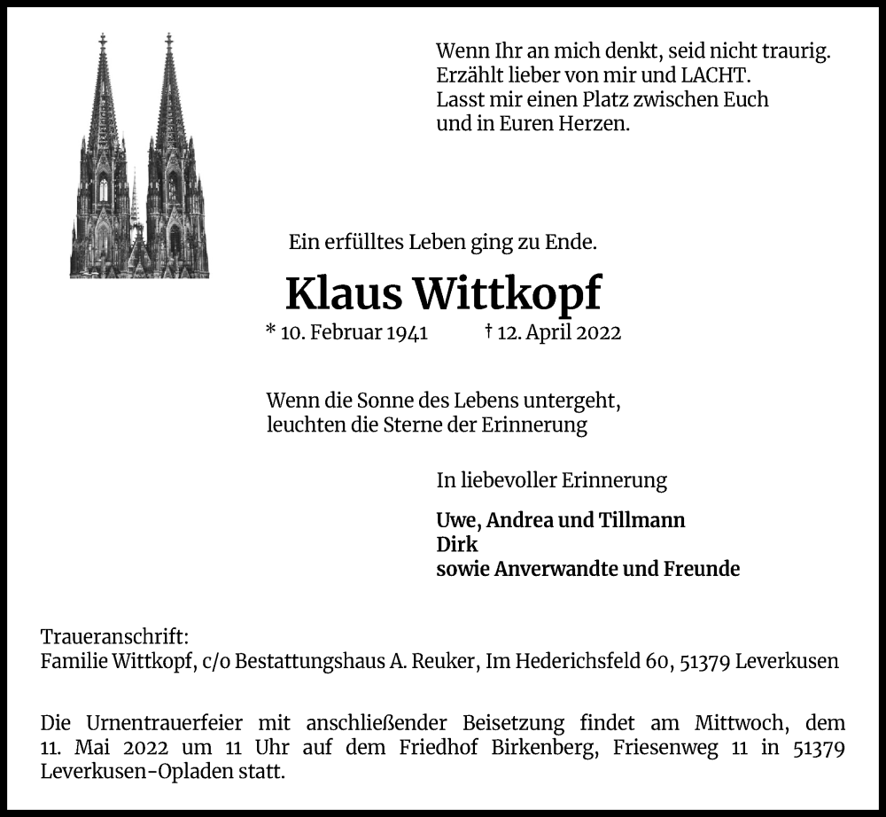  Traueranzeige für Klaus Wittkopf vom 07.05.2022 aus Kölner Stadt-Anzeiger / Kölnische Rundschau / Express