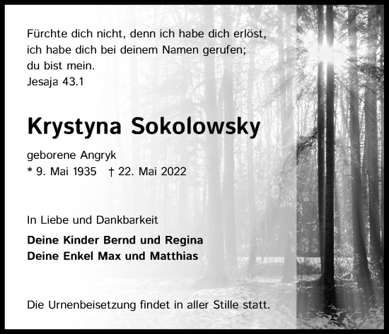 Anzeige von Krystyna Sokolowsky von Kölner Stadt-Anzeiger / Kölnische Rundschau / Express