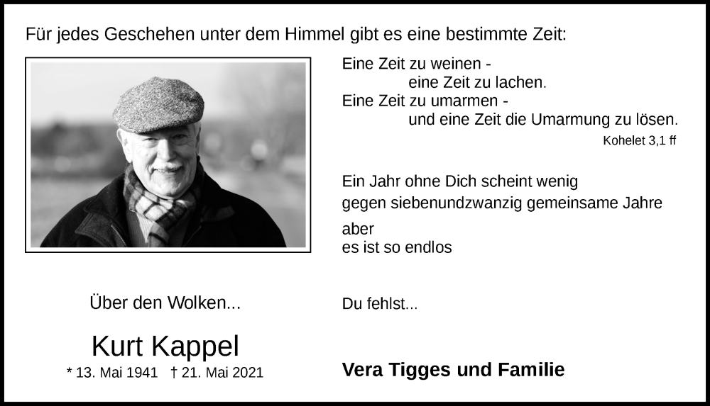  Traueranzeige für Kurt Kappel vom 21.05.2022 aus  Blickpunkt Euskirchen 