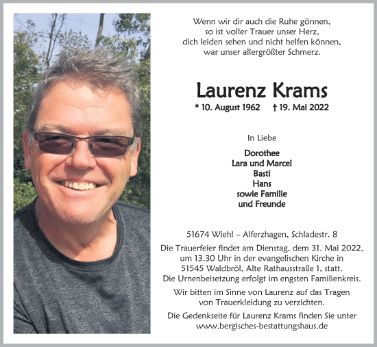 Anzeige von Laurenz Krams von Kölner Stadt-Anzeiger / Kölnische Rundschau / Express