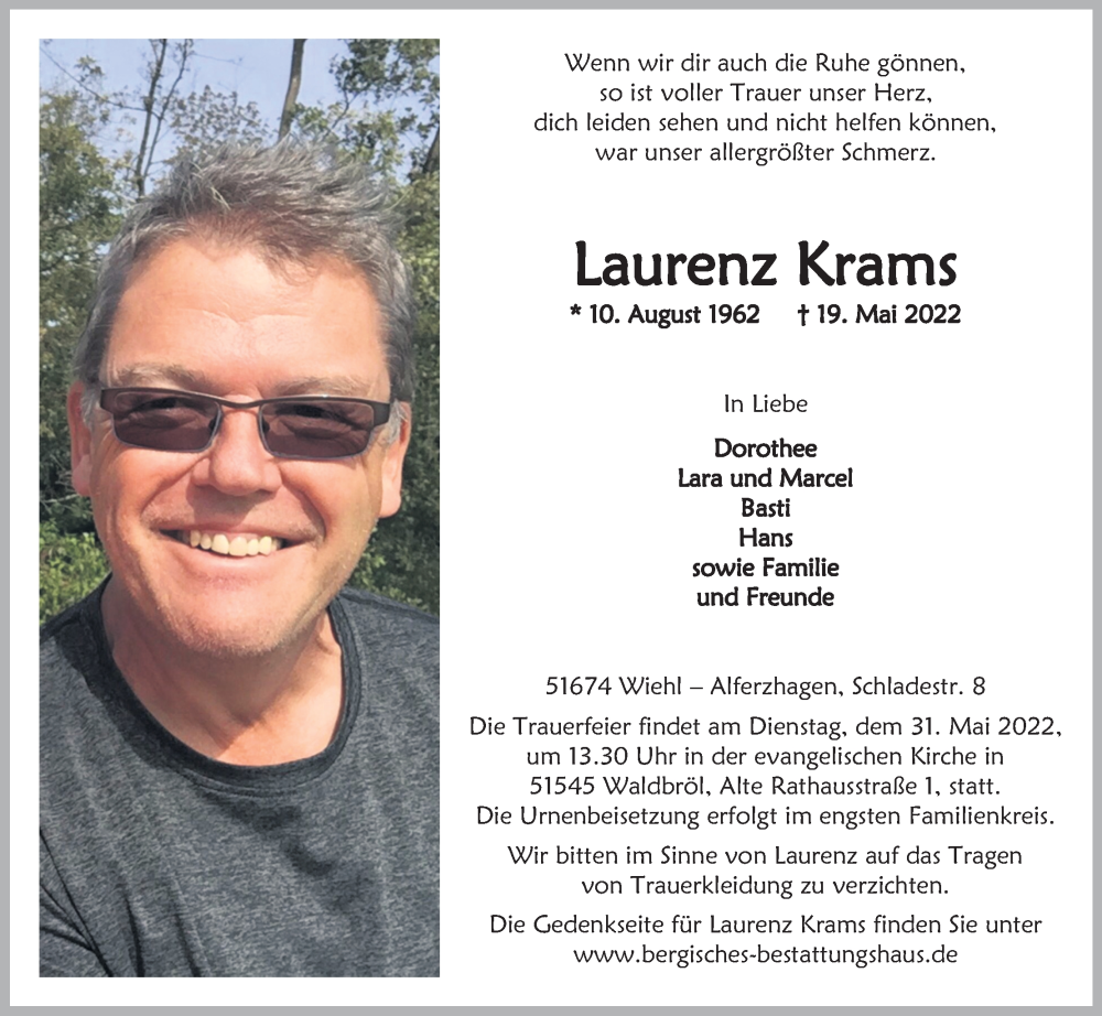  Traueranzeige für Laurenz Krams vom 28.05.2022 aus Kölner Stadt-Anzeiger / Kölnische Rundschau / Express